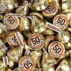 an assortment of chocolate candies with the number 50 printed on each candy wrapper