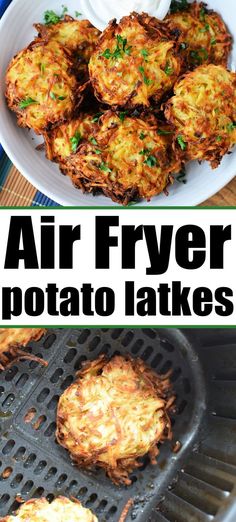 air fryer potato latkes on the grill with text overlay that says air fryer potato latkes