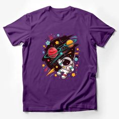 Explore the universe with our vibrant Space Adventure T-Shirt! Perfect for any space enthusiast, this tee features a fun and colorful design with an astronaut, planets, and stars. Made from soft, high-quality material, it's comfortable for everyday wear and sure to become a favorite. Available in both kids and adult sizes, it's a great gift for anyone fascinated by the cosmos! Custom graphic T-Shirt.Customize your color Space Enthusiast, Planets And Stars, Space Adventure, Space Shirts, Colorful Space, Colorful Design, Male T Shirt, Space Design, Cosmos