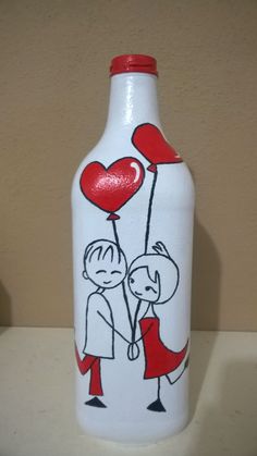 a white bottle with a drawing of two people holding red heart shaped balloons on it