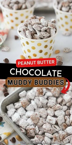 chocolate muddy buddies recipe with text overlay that reads, peanut butter chocolate muddy buddies