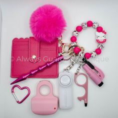 Elevate your safety and style with our Hello Kitty Special Full Guarded Safety Keychain. Crafted for the fashion-forward and security-conscious, this keychain features a vibrant hot pink and Hello Kitty print silicone bead wristlet adorned with a charming Hello Kitty Charm. Stay organized on the go with the hot pink card holder wallet, ensuring your essential cards are always within reach. Enhance your personal safety arsenal with the included hot pink kubaton and white premium alarm equipped wi