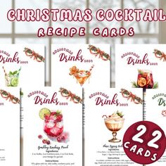 the christmas cocktail recipe cards are on display