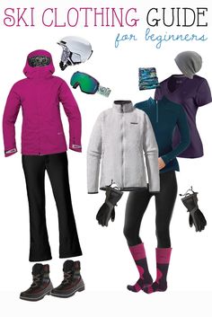 the ski clothing guide for beginners is shown in three different colors and sizes, including pink