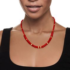 Ross-Simons - 4.5-8mm Red Coral Bead Graduated Necklace, 14kt Yellow Gold. 20". A pop of bold red is sure to excite and add some fun to any outfit! 4.5-8mm bright red coral beads graduate in size and are interspersed with 4-6mm 14kt yellow gold spacers. This necklace adds that splash of color you've been looking for. Fishhook clasp, coral bead necklace. Classic Red Beaded Jewelry, Red Rondelle Single Strand Beaded Necklace, Red Rondelle Beaded Necklace, Single Strand, Red Rondelle Beaded Necklace Single Strand, Classic Red Necklace With Polished Beads, Classic Red Single Strand Beaded Necklace, Classic Red Hand-strung Necklaces, Classic Red Hand-strung Jewelry, Red Rondelle Spacer Beads Jewelry