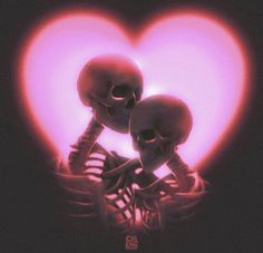 two skeletons hugging each other in front of a heart shaped blue light with the skeleton's arms around them