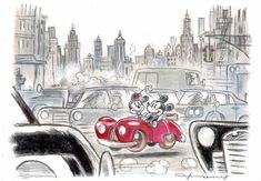 a drawing of mickey and minnie on a red car in front of a cityscape