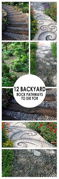 the steps are made out of rocks and have flowers growing on them, along with text that reads 12 backyard rock pathways to die for