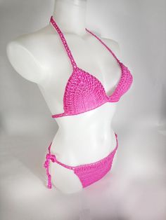 Handmade Mercerize Pink Bikini #pinkbikini #crochetbikini #bikiniset #summer #bikini Handmade Pink Swimwear For Vacation, Handmade Pink Swimwear For The Beach, Handmade Fitted Pink Swimwear, Pink Crochet Swimwear For Vacation, Adjustable Pink Halter Top For Poolside, Pink Adjustable Halter Top For Swimming, Pink Crochet Halter Top For Vacation, Pink Adjustable Halter Top For Beach, Pink Adjustable Halter Top For The Beach