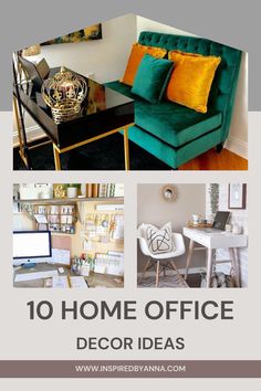 the top 10 home office decor ideas in this postcard style photo collage, there is a green couch with yellow pillows and a black coffee table