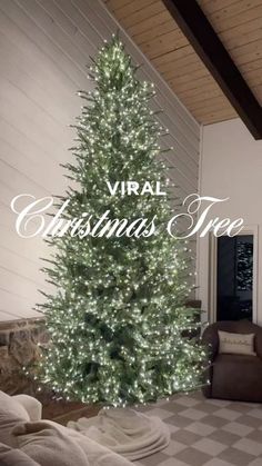 a living room with a christmas tree in the corner and text overlay that reads virtual christmas tree