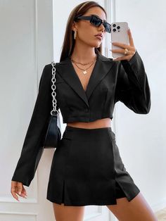 SHEIN Coolane Single Button Crop Blazer & Split Hem Skort | SHEIN USA Black Skort Outfit Elegant, Black Suit For Women Skirt, Black Skirt Suits For Women, Cropped Suits For Women, Cropped Suit Outfit, Cropped Blazer With Dress, Blazer Outfits With Skirt, Black Skirt And Blazer Outfit, Black Blazer And Skirt Outfit