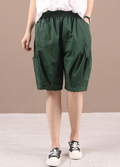 Green Regular High Waist Pockets Summer Shorts Pants - Omychic Cotton Pants Women, Black Pants Casual, Shorts Pants, Leather Shorts, Cotton Pants, Linen Pants, Summer Shorts, Short Pants, Black Pants