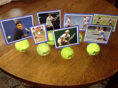 tennis balls and photos are arranged on a table with pictures of the same team members