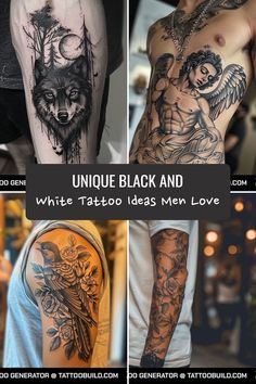 four different tattoos on the arms and arm, one with an angel and another with a wolf