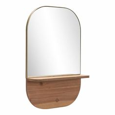 a wooden shelf with a mirror on it