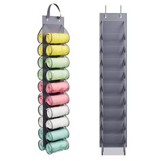 an over - the - door storage rack holds several rolls of yoga mats and other items