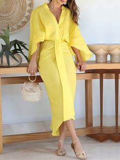 Plain Summer Vacation V neck Natural Daily Maxi Short Sleeve No Dresses for Women Dirndl Outfit, Plain Maxi Dress, Draped Midi Dresses, Flare Sleeve Dress, Short Sleeve Maxi Dresses, Mini Robes, Linen Maxi Dress, Necklines For Dresses, Maxi Dress With Sleeves