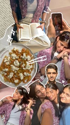 collage of photos with people and food in the middle one has an open book on it