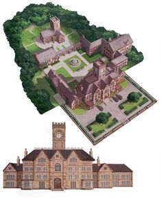 an aerial view of a large building with a clock tower on the top and another drawing of a castle