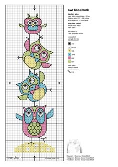 an owl bookmark is shown with the cross stitch pattern in it's center