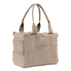 a beige bag with two handles and straps