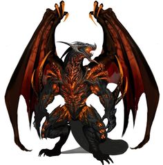 a large dragon with orange and red wings on it's back legs, sitting in front of a white background