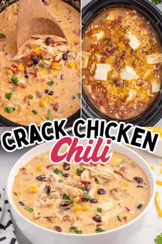 This slow cooker Crack Chicken Chili recipe is quick and easy to prepare and is packed with lean protein, fiber, and plenty of spice; it’s filled with addictively delicious flavors that make a hearty homemade dinner. Made with chicken, broth, corn, diced tomatoes and green chilies, Ranch seasoning, onion powder, chili powder, black beans, bacon, cream cheese, and shredded Colby and Monterey jack, this is classic comfort food that cooks itself in the crockpot. Chili Crockpot Casserole, Crockpot Dump Chili, Plain Chicken Chili Recipe, Chicken Chili Crock, Cracked Chicken Chili Crockpot, Ranch Chicken Chili Crockpot, Rotisserie Chicken Slow Cooker Recipes, Chicken Bacon Ranch Chili, Cracked Chicken Chili