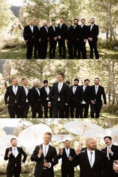 a group of men in tuxedos standing next to each other holding umbrellas