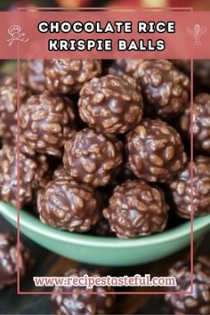 chocolate rice krispie balls in a bowl with text overlay that reads, chocolate rice krispies