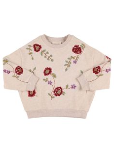 Ribbed collar, cuffs and hem . All over embroidered placement may vary Louise Misha, Embroidered Sweatshirt, Girl Sweatshirts, Embroidered Sweatshirts, Organic Cotton, Collar, Knitting, Sweatshirts, Floral