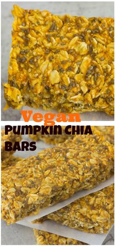 vegan pumpkin chia bars are stacked on top of each other, with the title above it