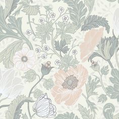 a wallpaper with flowers and leaves in pastel colors on a light green background