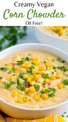 creamy vegan corn chowder is an easy and delicious side dish that's ready in under 30 minutes