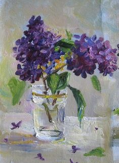 a painting of purple flowers in a glass vase