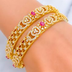 Radiant Impressive 22k Gold CZ Floral Bangle Pair Luxury 22k Gold Jewelry Sets With Intricate Design, Luxury Gold Bangle With Intricate Design, Luxury 22k Gold Traditional Jewelry, Gold Diamond Bangle For Festivals, Gold Bangle With Intricate Design In Cubic Zirconia, Gold Bangle With Intricate Cubic Zirconia Design, 22k Gold Bangles, The Bangles, Gold Stone