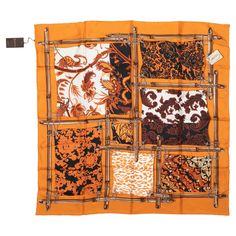 Orange and multicolor silk abstract print square scarf by Gucci. 34.5" width, 34" length. Mario Testino, Printed Silk Scarf, Square Scarf, Bergdorf Goodman, On Display, Abstract Print, Scarf Shawl, Silk Scarf, Silk Printing