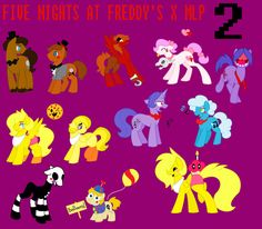 many different types of ponies on a purple background