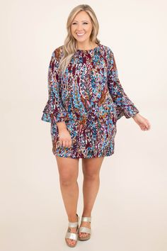 Chic Soul plus size clothing, burgundy 3/4 length flutter sleeve casual dress with floral design Burgundy Floral Print Dress For Spring, Bohemian Burgundy Dress For Fall, Casual Burgundy Dress For Fall, All Eyes, Model Fits, Burgundy Color, All About Eyes, Jean Jacket, Love It