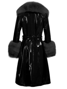 Color: Black Patent Leather Faux Fur Collar Material: Sheepskin Fully Lined Belt Included Lining: Polyester Single Breasted Sample Size: S Delicate dry clean Protect accessory before washing Our Style No. ZC_Faux Fur Genuine Patent Leather Coat in Black Made-to-order (MTO) style Please allow additional 3-5 days for MTO order to be processed Black Leather Fur Coat With Faux Fur Trim, Black Fur Coat With Faux Fur Trim For Party, Winter Evening Leather Outerwear, Leather Outerwear For Winter Evenings, Fitted Black Faux Fur Coat, Leather Outerwear For Evening In Winter, Black Fur Coat With Faux Fur Lining For Party, Black Faux Fur Outerwear For Evening, Black Faux Fur Evening Coat