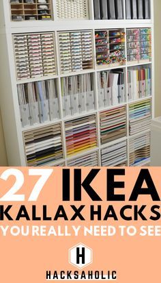 a book shelf filled with lots of books next to a white wall and text overlay that reads 27 ikea kallax hacks you really need to see