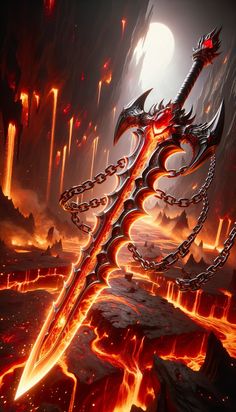 a demonic looking dragon standing in the middle of a fire filled area with chains hanging from it's claws