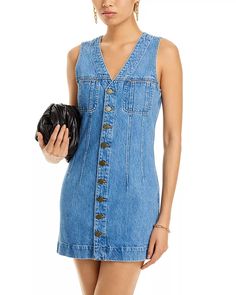 FRAME - Trucker Sleeveless Denim Mini Dress Fitted Sleeveless Denim Dress For Fall, Retro Sleeveless Denim Dress For Spring, Denim Gown, Denim Skirt Trend, Bra Dress, Skirt Trends, Casual Dress Shoes, Denim Skirt Women, Denim Mini Dress