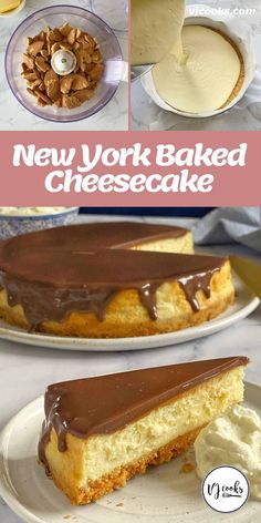 new york baked cheesecake with chocolate icing and nuts