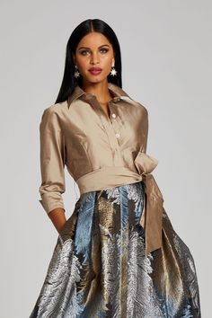 Teri Jon :: Taffeta Shirt Gown With Feather Pattern Shirt Gown, Teri Jon, Mother Of Groom Dresses, Wedding Dress With Veil, Long Sleeve Dress Formal, Feather Pattern, Wedding Guest Outfit Summer, A Skirt, Groom Dress