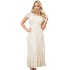 Discover the charm of the Anna-Kaci Boho Inspired Lace Cap Sleeve Lace Trim Ruffle Flared Hem Maxi Flowy Dress a long sun dress designed for both period reenactments and casual everyday wear. The dress features a smocked waist and floral lace accents, providing a boho-inspired look with the option to wear it off the shoulder for added versatility. Crafted from lightweight woven fabric, the dress is airy and breathable, ensuring comfort for various occasions. Boho Lace Maxi Dress, Lace Caps, Sequin Maxi Dress, Flowy Maxi Dress, Boho Lace, Lace Maxi, Midi Short Sleeve Dress, Beige Dresses, Long Sleeve Lace Dress