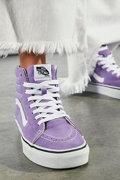 Timelessly classic kicks, these Vans Sk8-Hi sneakers feature a high-top silhouette that effortlessly lace-up. Sturdy rubber sole for ultra comfy wear. Purple Vans Outfit, Vans Sk8 Hi Outfit, Sk8 Hi Outfit, Hi Top Converse, Vans Sk8 Hi Reissue, Purple Vans, High Top Chucks, Vans Outfit, Comfy Wear