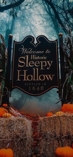 there is a sign that says welcome to sleepy hollow with pumpkins in the foreground