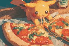 a pokemon pikachu eating pizza with pepperoni