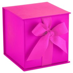 a bright pink box with a bow on the front and side, isolated against a white background